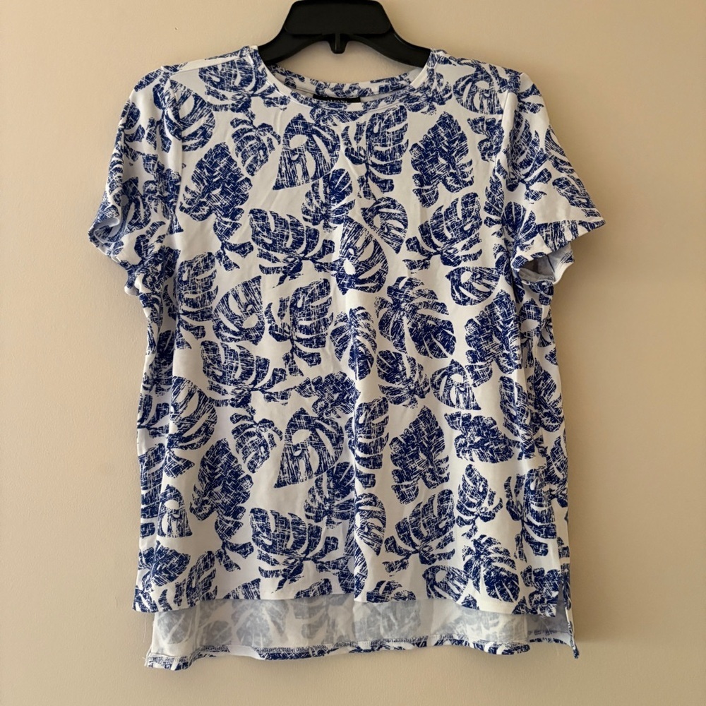 Alfani Petite PM Blue White Tropical Leaf Print High Low Knit Top Short Sleeve